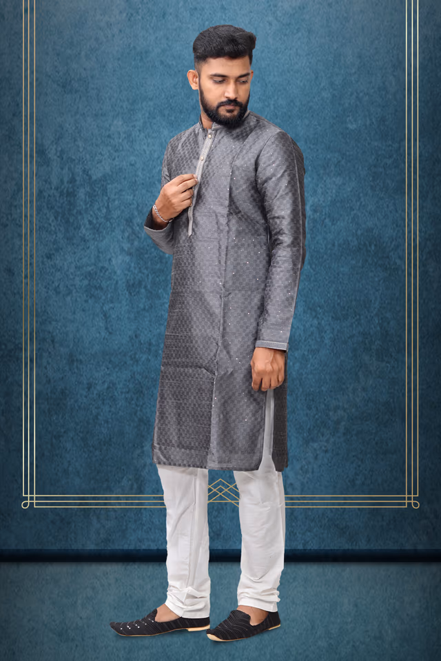 Grey Colour Ethnic Kurtha In Golden Threadwork Textured Dupion Silk Fabric And White Bottom — back view, rent in Calicut