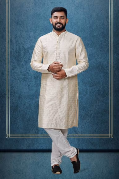 Ivory White Ethnic Kurtha In Golden Threadwork Textured Dupion Silk Fabric And White Bottom — rent in Calicut