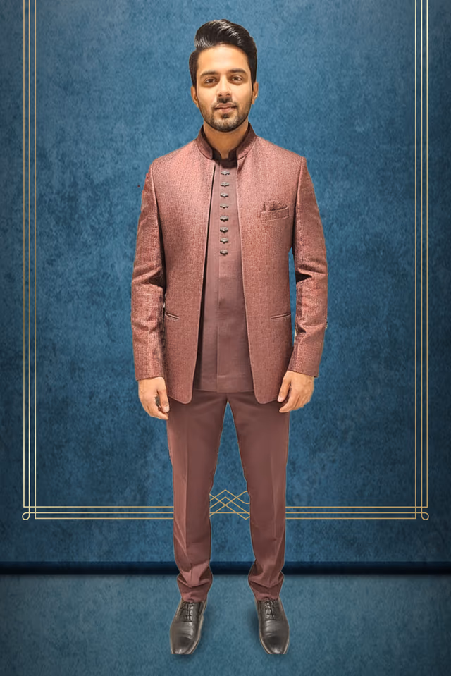Maroon Kurtha Jacket With Plain Kurtha And Full Sleeve Self Textured Jacket — rent in Calicut