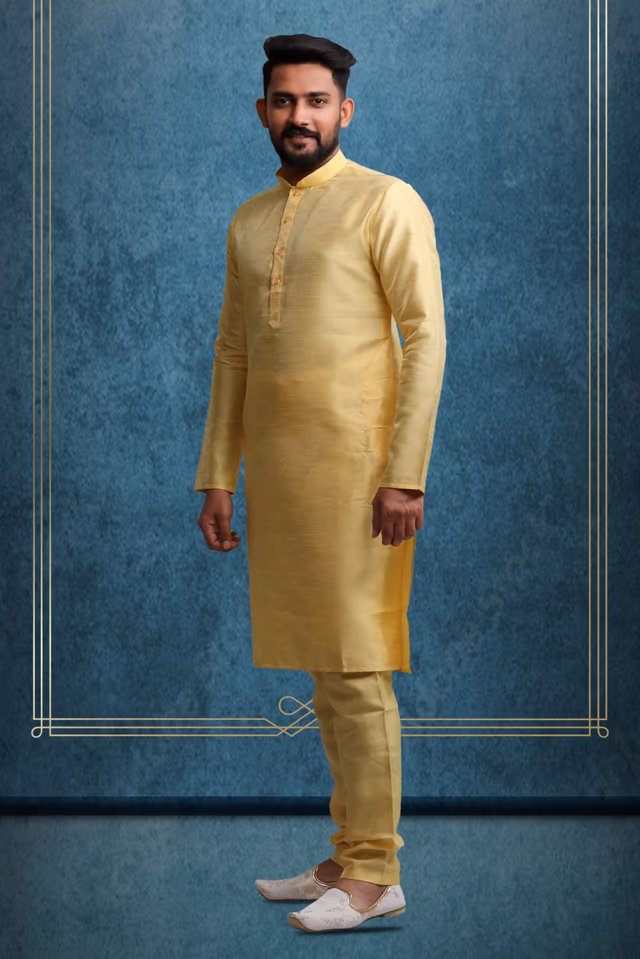 Mustard Kurta Pyjama in Blended Fabric — back view, rent in Bangalore