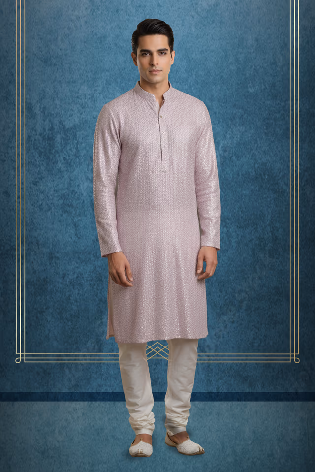 Pastel Pink Kurta With Intricate Subtle Tone On Tone Pattern And V Neckline — rent in Calicut