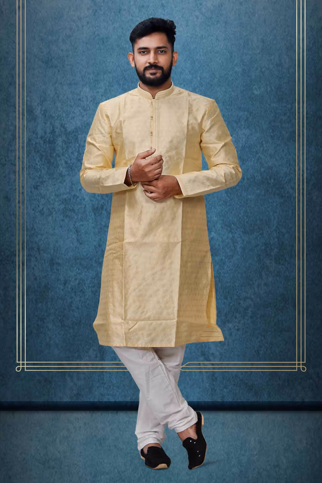 Pastel Yellow Ethnic Kurtha In Golden Threadwork Textured Dupion Silk Fabric And White Bottom — rent in Calicut