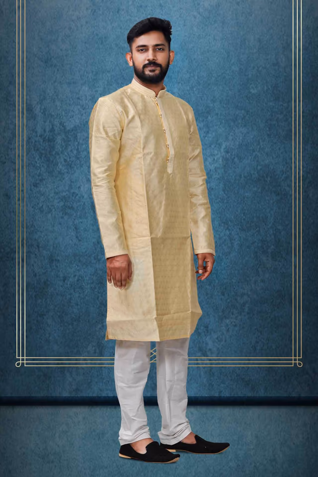 Pastel Yellow Ethnic Kurtha In Golden Threadwork Textured Dupion Silk Fabric And White Bottom — back view, rent in Calicut