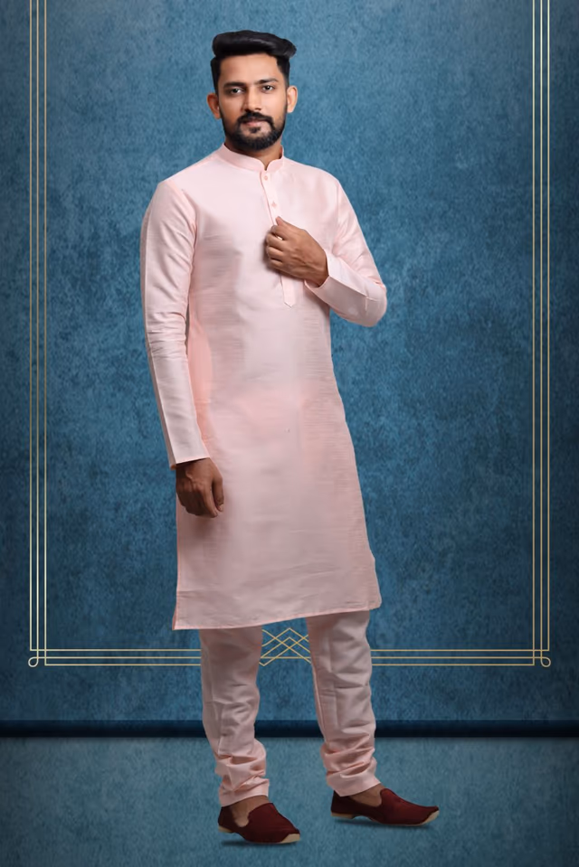Peach Kurta Pyjama in Blended Fabric — back view, rent in Bangalore