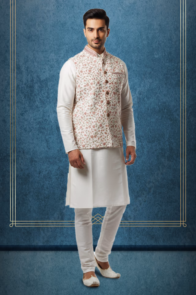White Polycotton Kutha Pyjama with Detailed Floral Sleeveless Off White Jacket — rent in Calicut