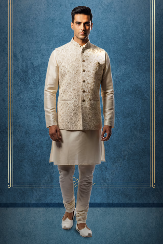 White Polycotton Kutha Pyjama with Detailed Sleeveless Off White Jacket — rent in Calicut