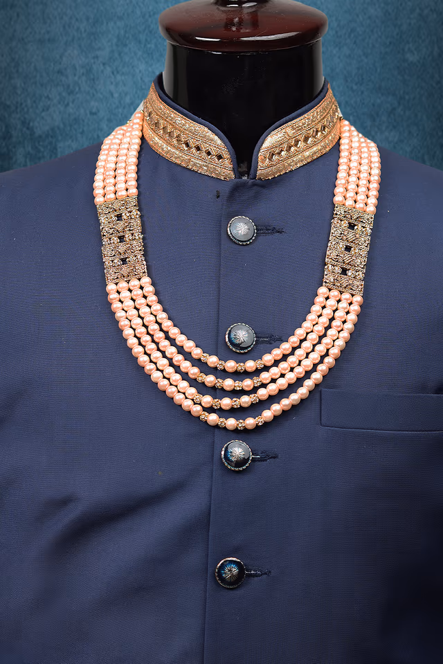 Baby Pink Four Layer Mothi Mala With Golden Locket Attachment In Blocks As Both Side Detailing — rent in Coimbatore