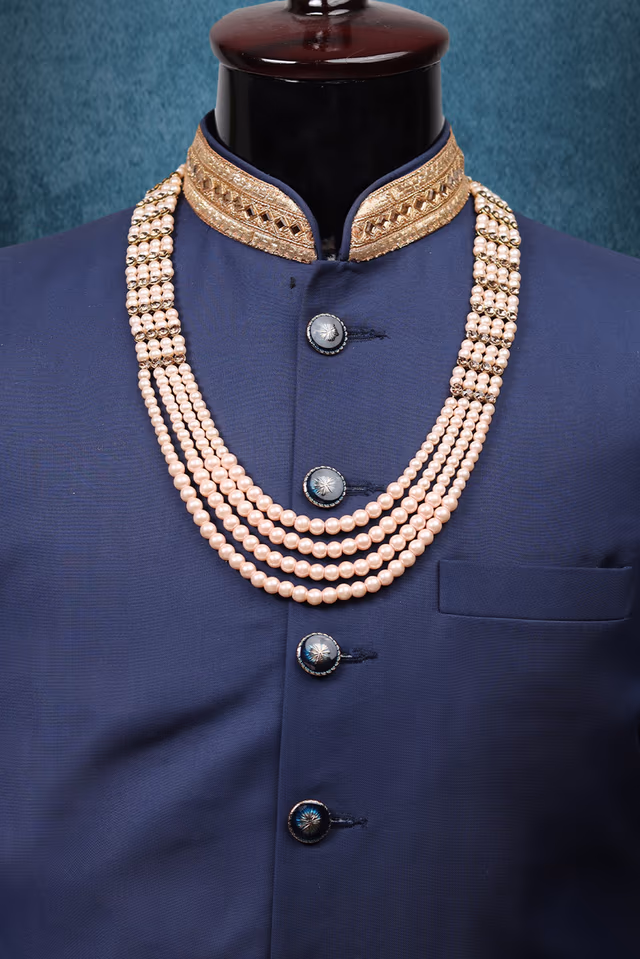 Baby Pink Mothi Mala With Golden And Stone Linear Locket Details On Sides — rent in Coimbatore