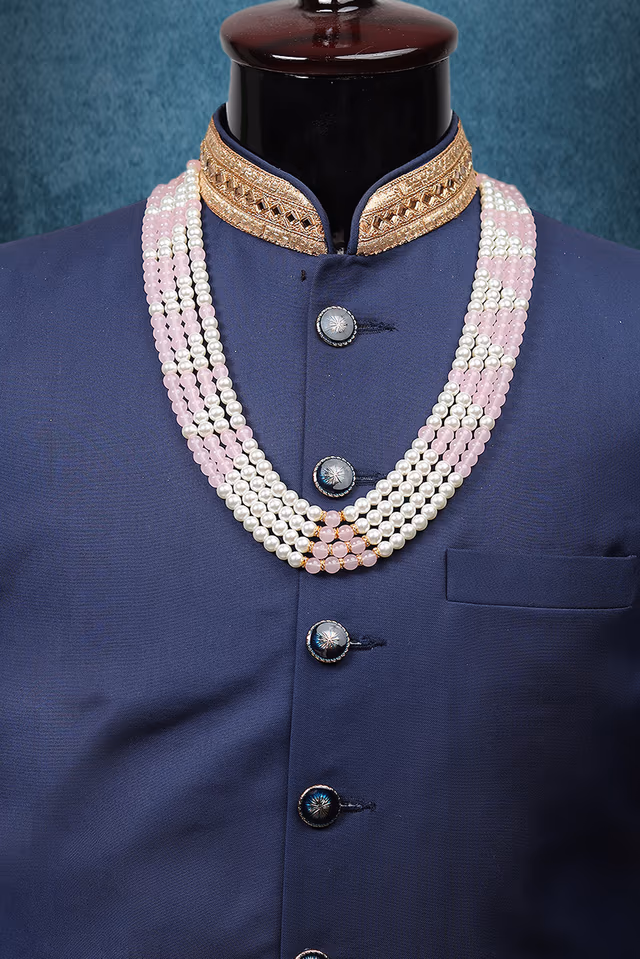 Baby Pink And White Mixed Mothi Mala With Pink Beads On Center Front — rent in Coimbatore