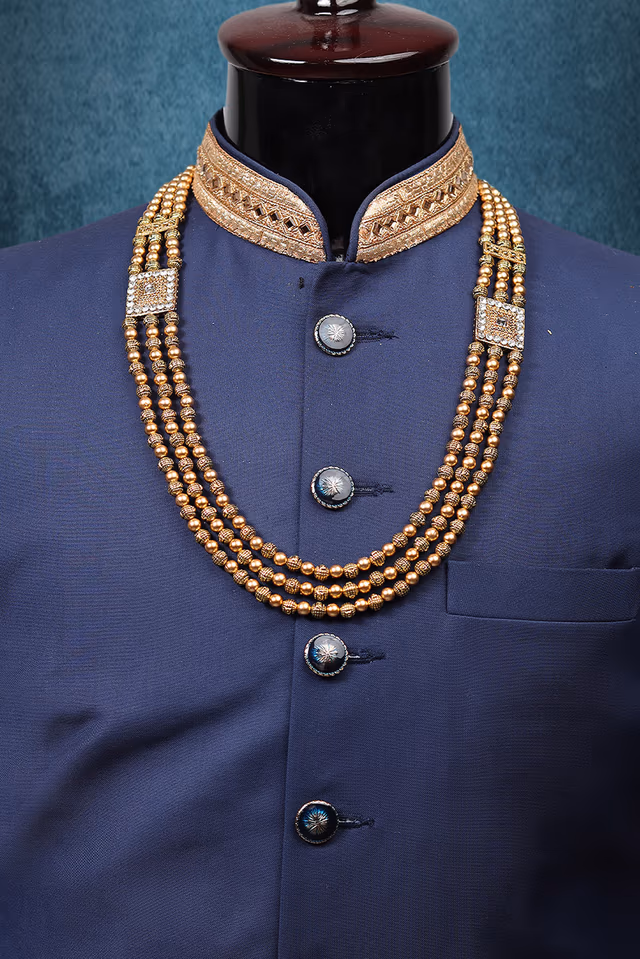 Golden Beads Mala With Golden And White Square Locket Detailing — rent in Coimbatore