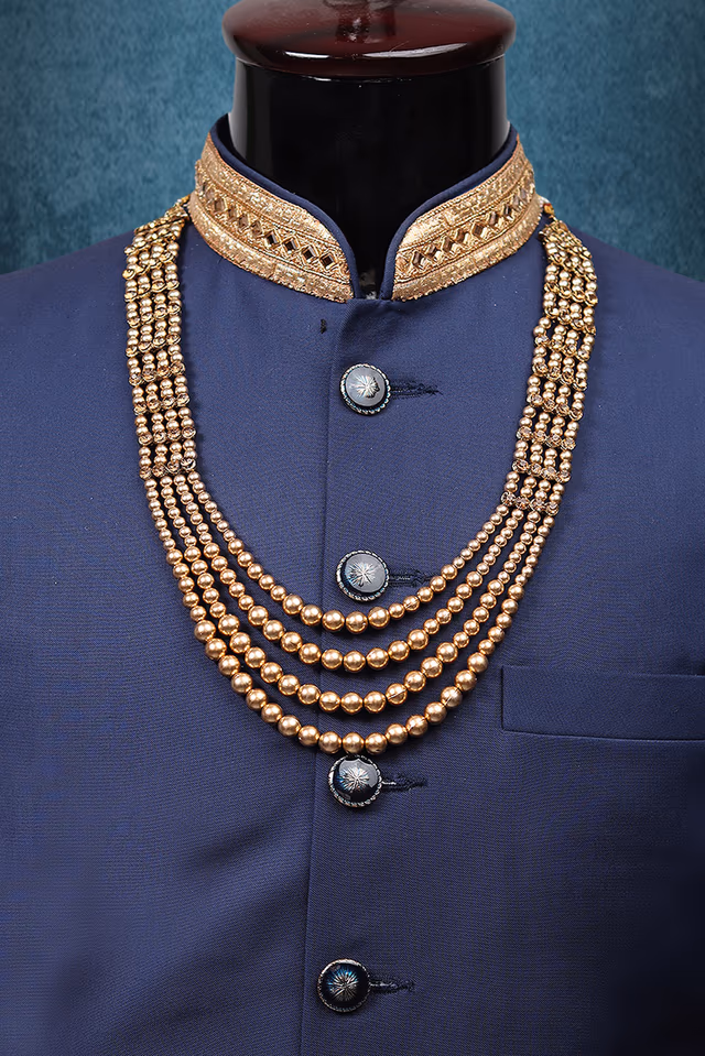 Golden Mothi Mala In 4 Layers With Linear Stone Attachments For Side Detailing — rent in Coimbatore