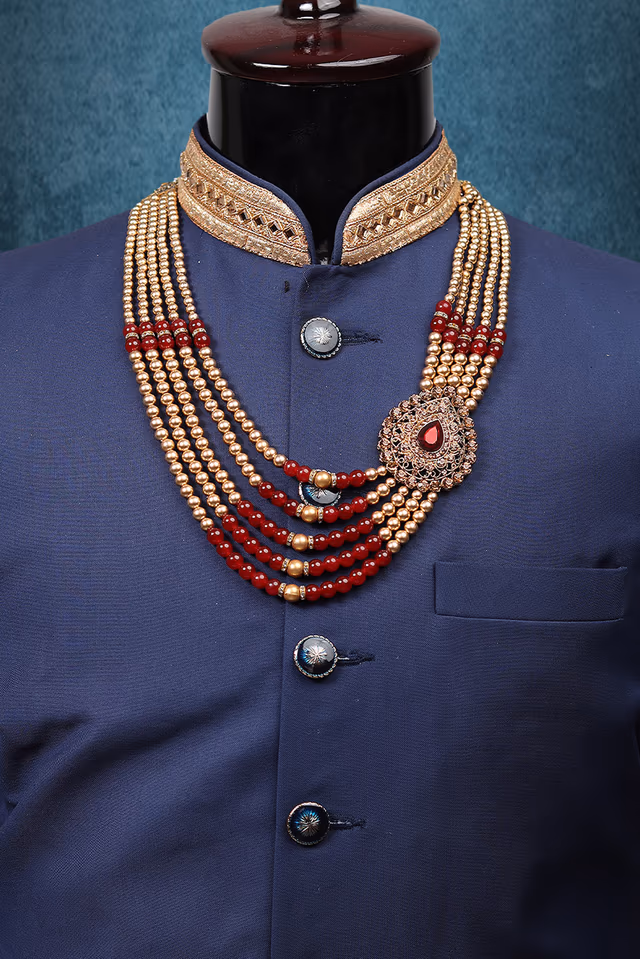 Golden And Red Mothi Mala With Five Layers Sophisticated With A Raindrop Shaped Locket On Side — rent in Coimbatore