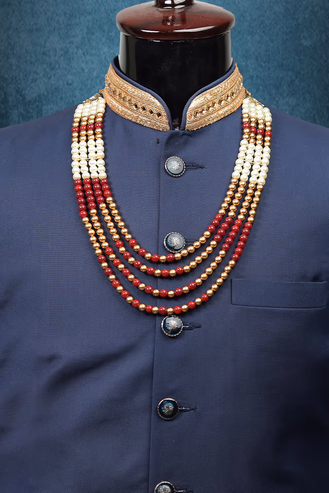Red, Golden And White Majestic Mothi Mala In 4 Layers With Uneven Beads Arrangement All Over — rent in Coimbatore
