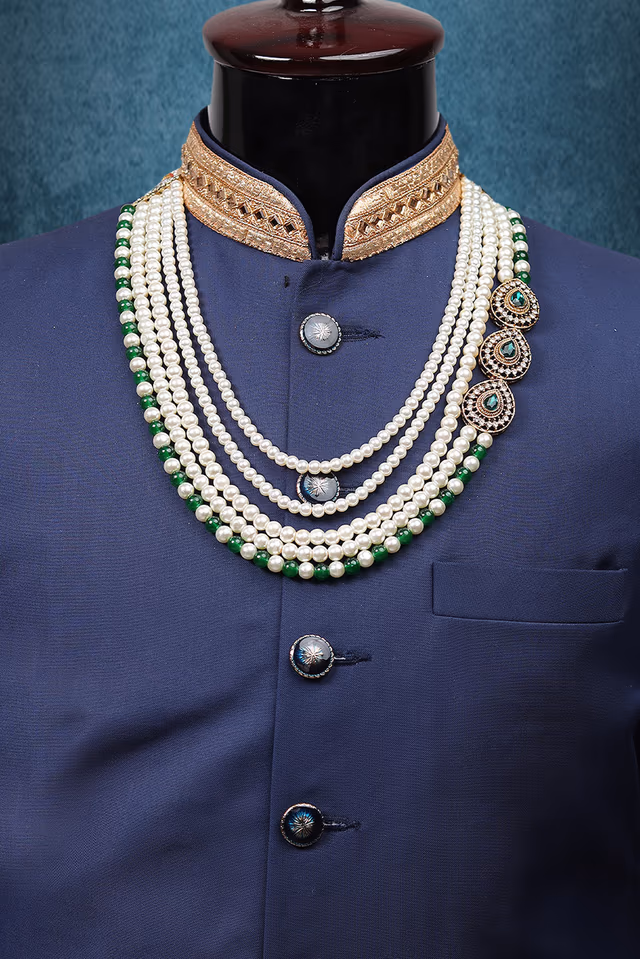 White And Green Mothi Mala With Four Plain White Beads Layered Chain — rent in Coimbatore