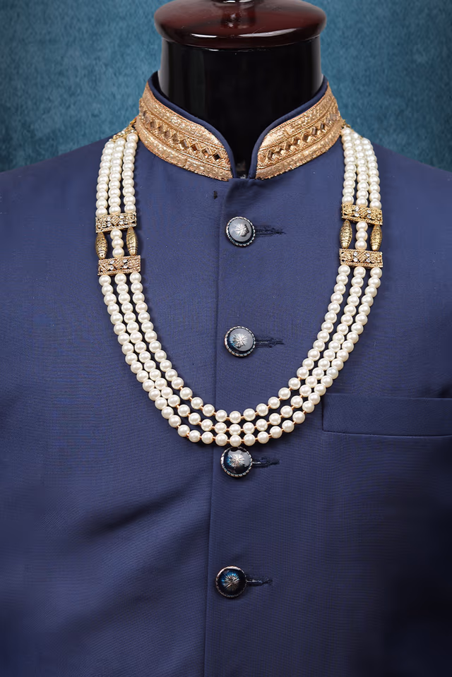 White Pearl Long Mala With Intermediate Golden And White Stone Locket Detailing — rent in Coimbatore