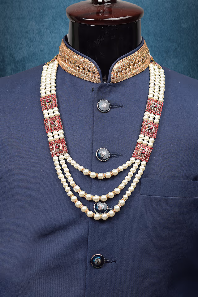 White Pearl Princely Mala With Red Stone Side Locket Detailing — rent in Coimbatore