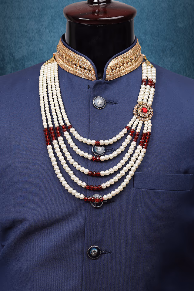 White And Red Multilayered Mothi Mala With Red Stone Locket Detailing On Single Side — rent in Coimbatore
