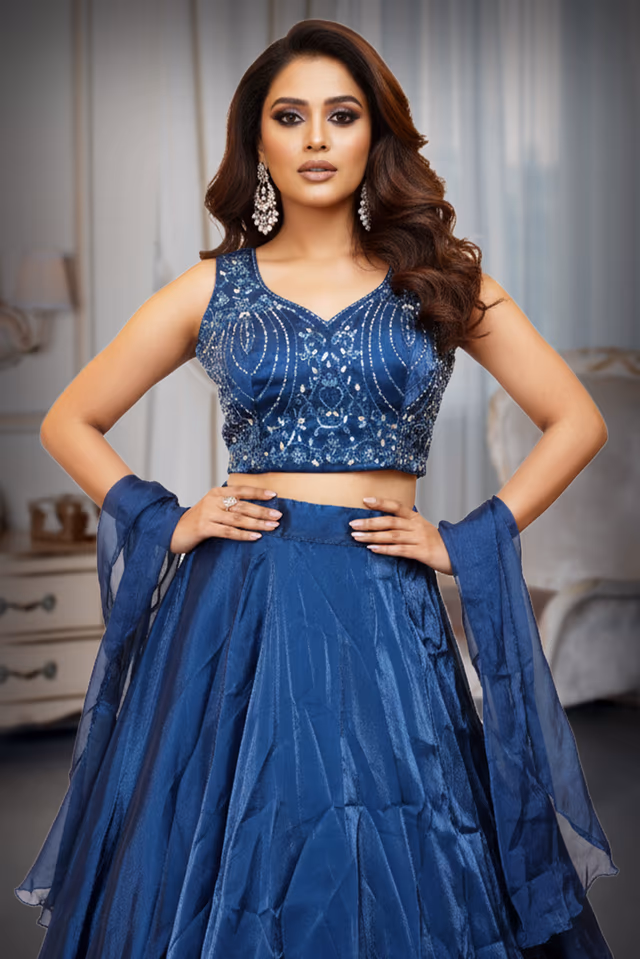 Embellished V-Neck Crop Top with Taffeta Silk Lehenga — rent in Kochi
