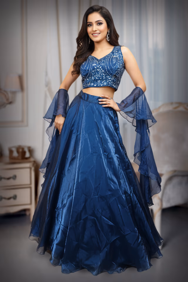 Embellished V-Neck Crop Top with Taffeta Silk Lehenga — back view, rent in Kochi