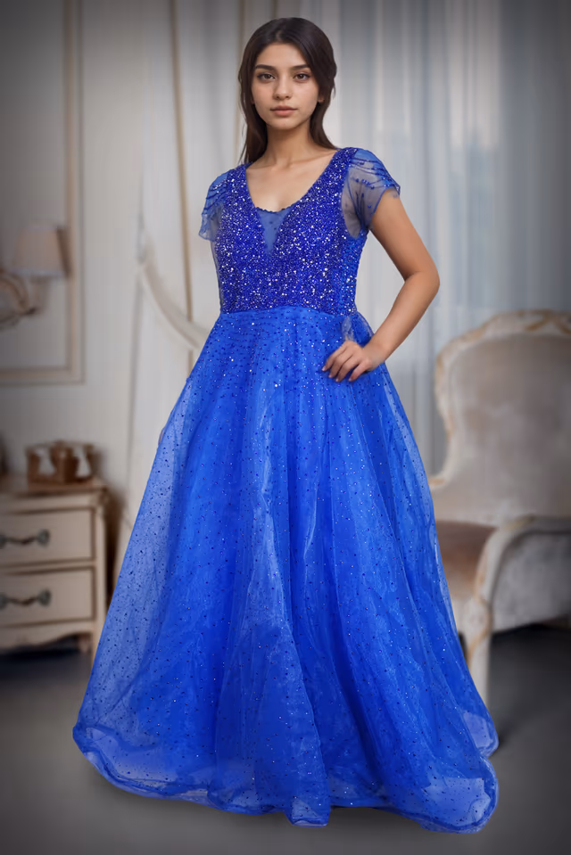 Dazzling And Elegant Royal Blue Gown That Radiates a Fairytale-Like Charm — back view, rent in Bangalore