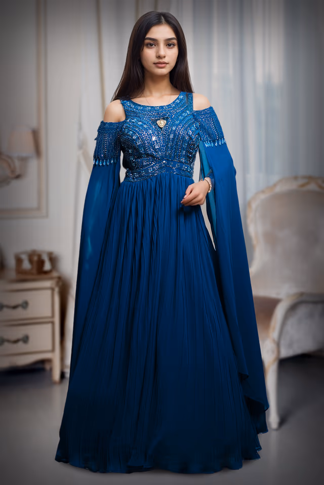 Navy Blue Cold Shoulder Gown With Extended Cape Sleeve Details — back view, rent in Bangalore