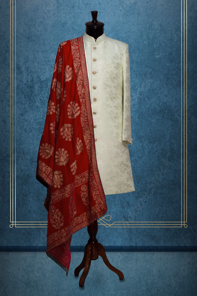 Dark Maroon Grooms Shawl With Beige Colour Detailing — rent in Calicut