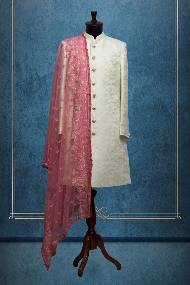 Dark Pink Grooms Shawl With  Heavy Detailed Threadwork — rent in Calicut