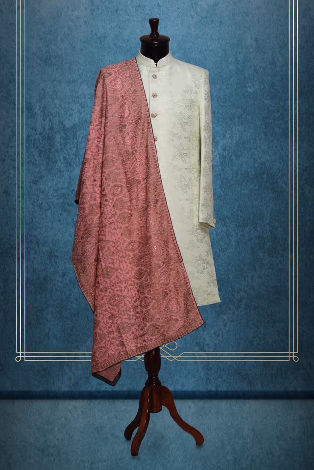 Dusky Pink Colour Grooms Shawl With Heavy Detailed Traditional Texture In Golden Colour — rent in Calicut