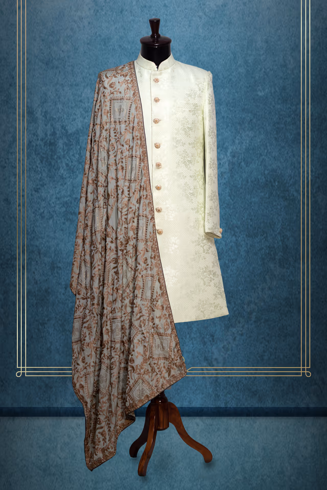 Greyish Blue Grooms Shawl With Heavy Detailed Threadwork Details in Brown Colour — rent in Calicut