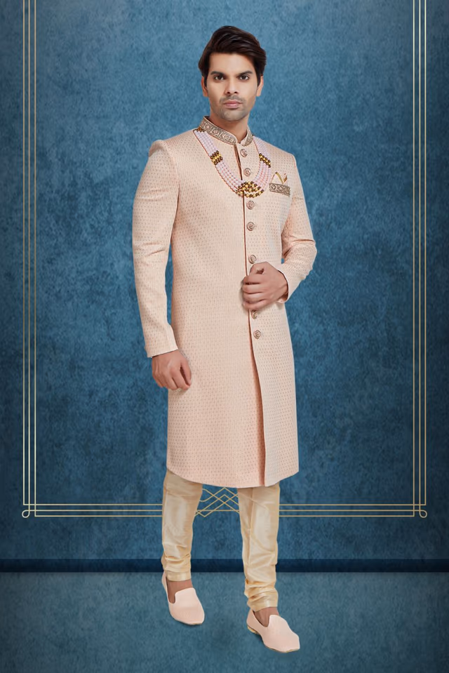 Baby Pink & Gold Silky Jacquard Sherwani — back view, rent in Coimbatore