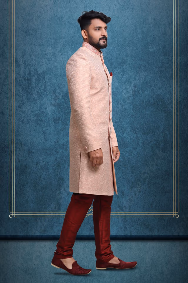 Baby Pink Suave Classic Sherwani — back view, rent in Bangalore