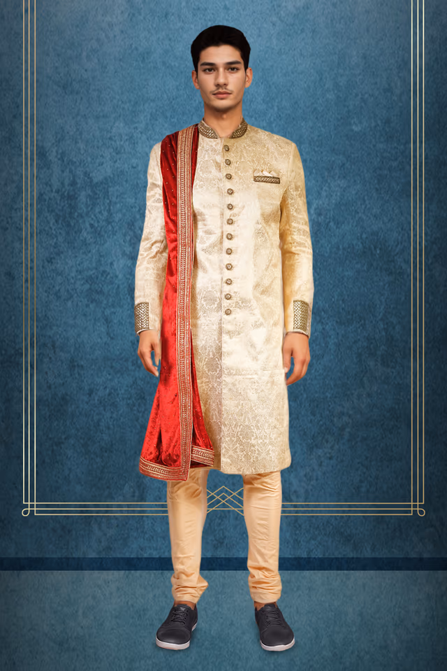 Bees and Floral Work Sherwani with Sugar Beads and Velvet Dupatta — rent in Bangalore