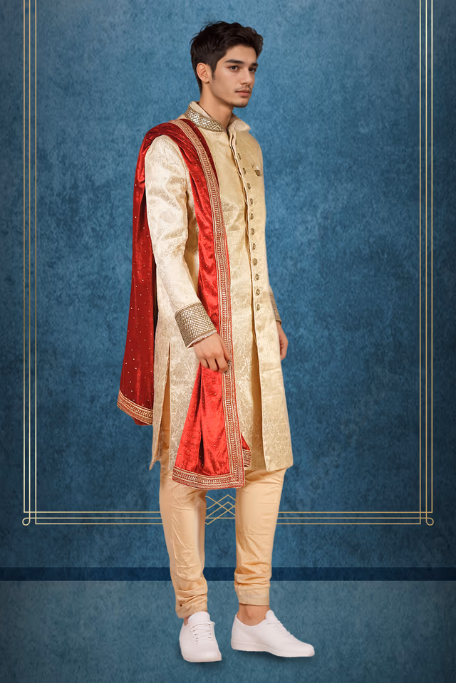 Bees and Floral Work Sherwani with Sugar Beads and Velvet Dupatta — back view, rent in Bangalore
