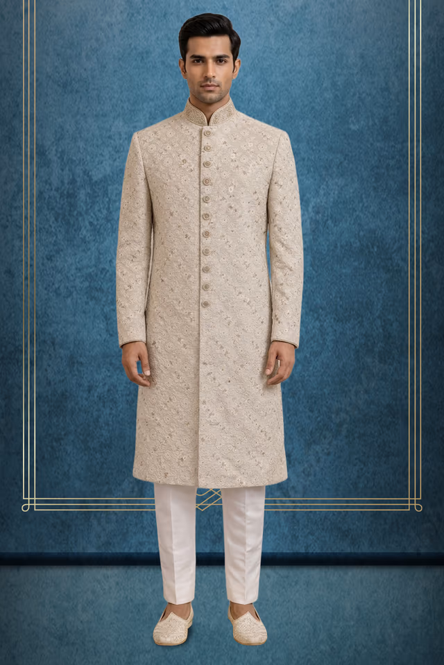 Beige Ensemble with Floral Zardosi and Stone Embellishments — rent in Bangalore