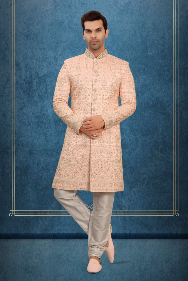Blush Pink Embroidered Silk Sherwani Set with Matching Dupatta and Intricate Thread Work — back view, rent in Coimbatore