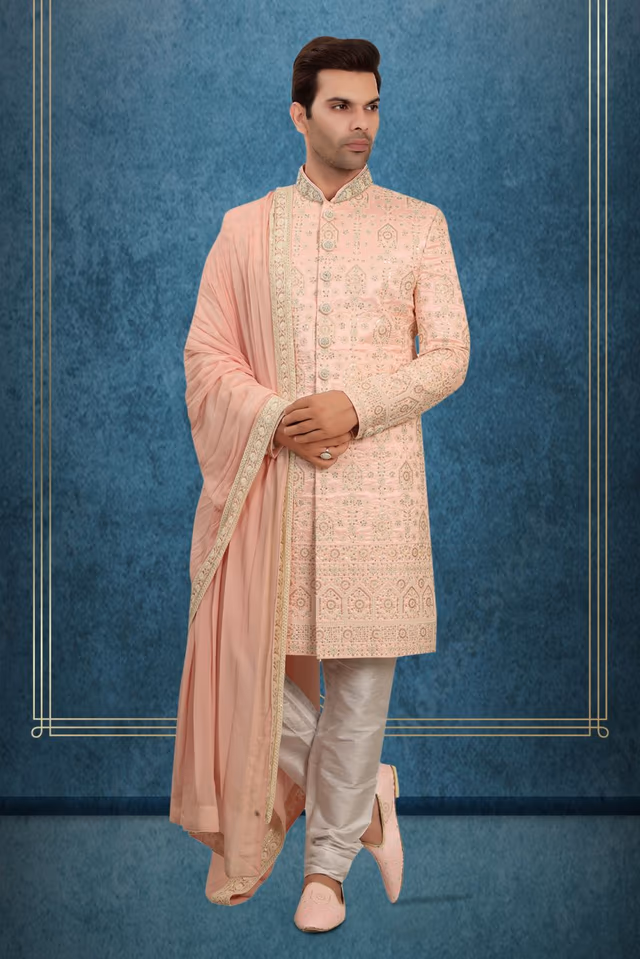Blush Pink Embroidered Silk Sherwani Set with Matching Dupatta and Intricate Thread Work — rent in Coimbatore