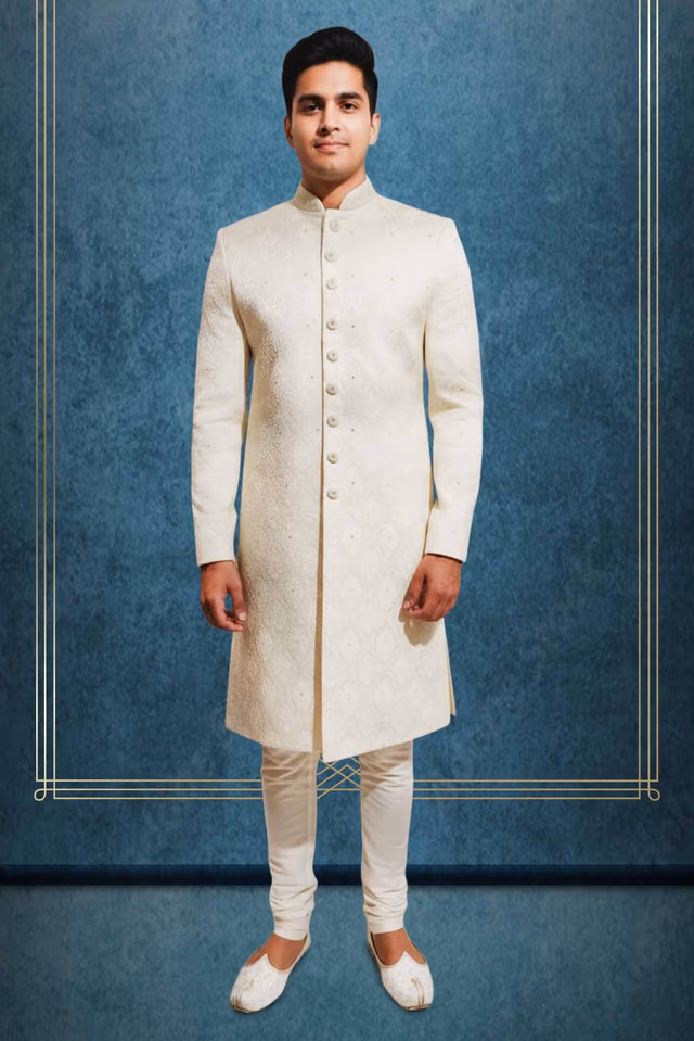 Champagne Pink Grooms Sherwani With Elegant Threadwork Details Along With Stone Embellished Buttons — rent in Calicut