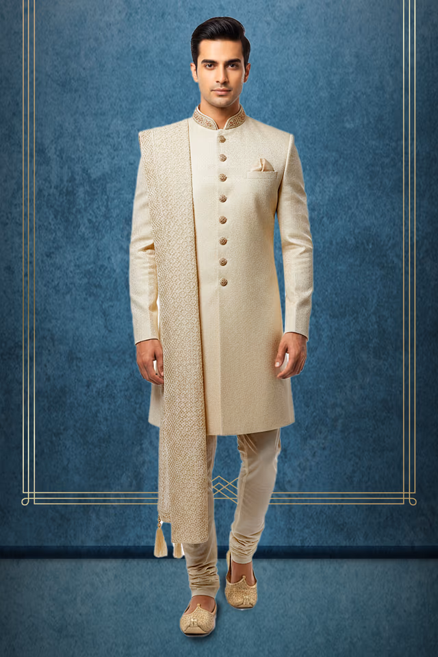 Contemporary Off White Sherwani Adorned With Intricate Silver Geometric Thread Work Arranged In A… — rent in Calicut