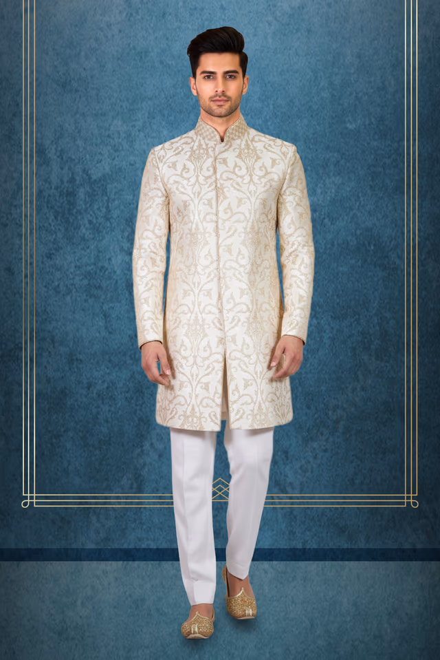 Cream Sherwani with Beige Floral Threadwork and Chess Patterned Collar — rent in Bangalore