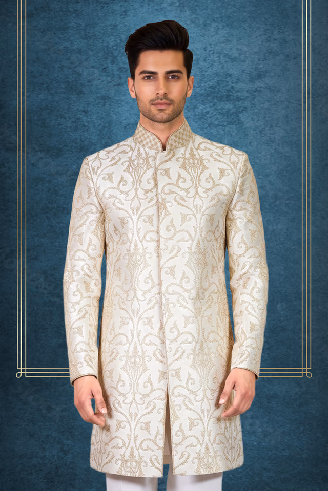 Cream Sherwani with Beige Floral Threadwork and Chess Patterned Collar — back view, rent in Bangalore