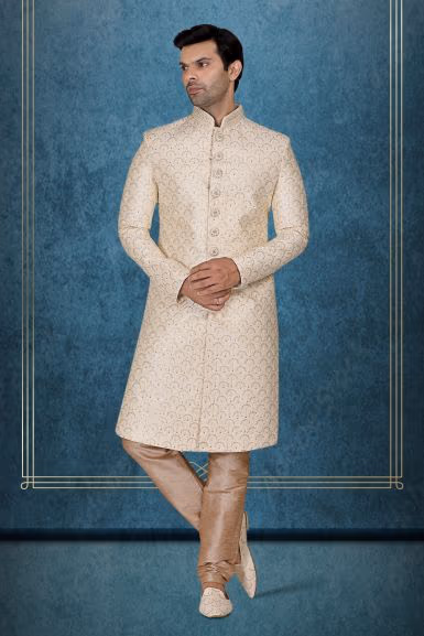 Cream Breathtaking Designer Sherwani — rent in Bangalore