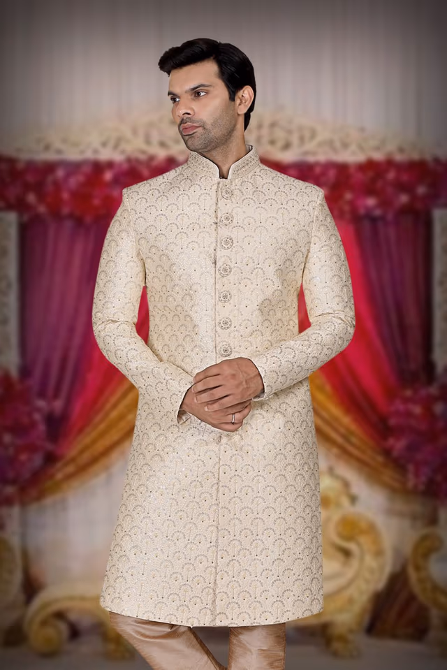 Cream Breathtaking Designer Sherwani — back view, rent in Bangalore
