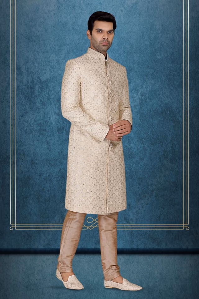 Cream & Gold Self-Textured Brocade Silk Sherwani — back view, rent in Coimbatore