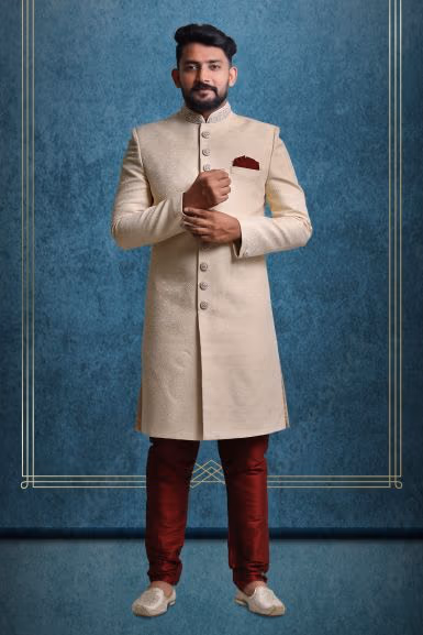 Cream And Gold Suave Classic Sherwani — rent in Bangalore