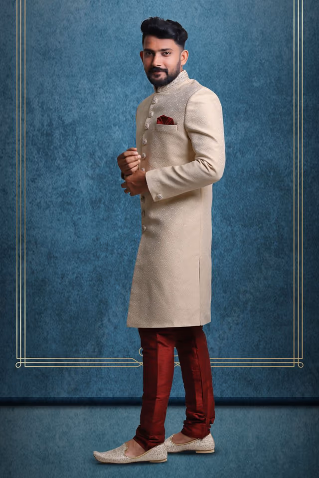 Cream And Gold Suave Classic Sherwani — back view, rent in Bangalore