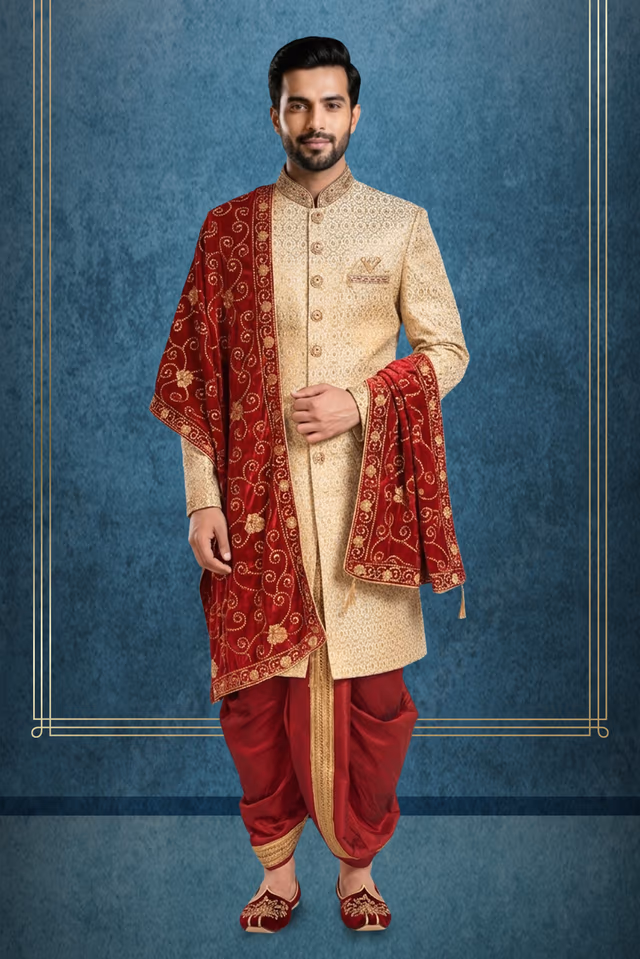 cream & maroon sherwani with golden embroidery — rent in Kochi