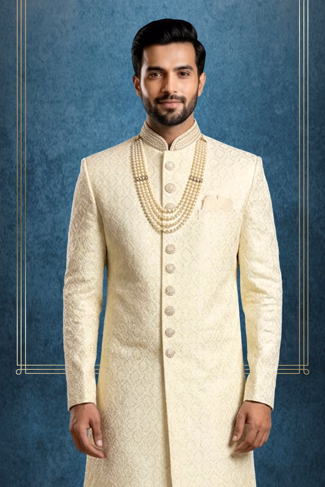 Cream/off-White Sherwani With Intricate Embroidery — back view, rent in Kochi