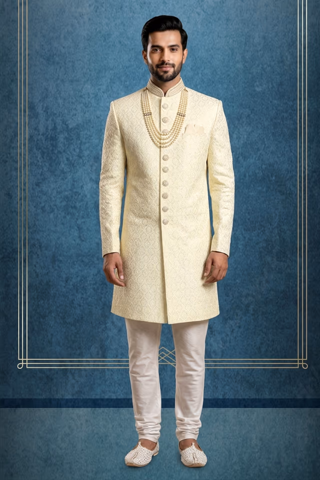 Cream/off-White Sherwani With Intricate Embroidery — rent in Kochi