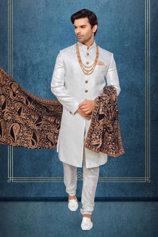 Cream And White Raw Silk Sherwani — back view, rent in Coimbatore