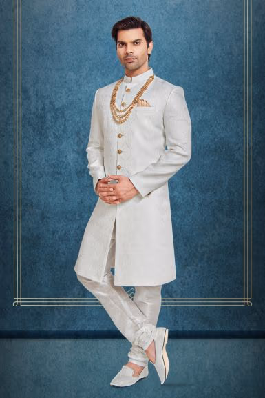 Cream And White Raw Silk Sherwani — rent in Coimbatore